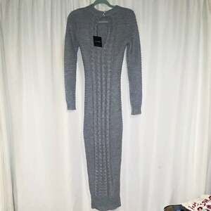 JLUXLABEL Women's Gray Cable Knit Bodycon Maxi Dress Long Sleeve Crew Neck S